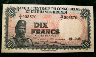 Belgian Congo Burundi Ruanda 10 Francos 1958 Banknote