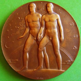 Art Deco Nude Men 1958 Brussels International Exposition Bronze Medal By Rau