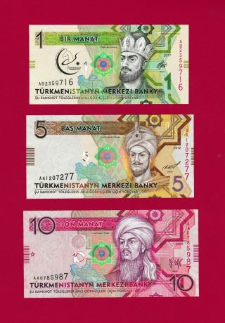 Turkmenistan Unc Notes: 1 Manat 2017 (p - 22),  5 Manat 2012 (p - 23) & 10 Manat 2009
