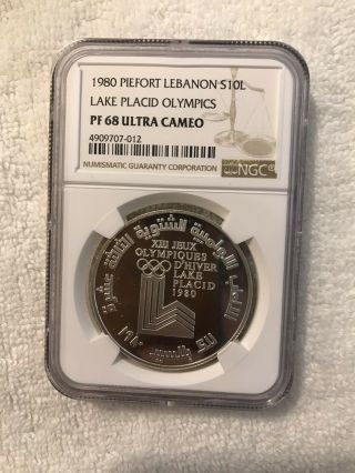 1980 Lebanon 10 Livres Piefort Lake Placid Olympics Silver Ngc Pf 68 Ultra Cameo