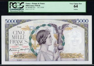 France 1938 - 1944,  5000 Francs,  P97a,  Pcgs 64 Unc