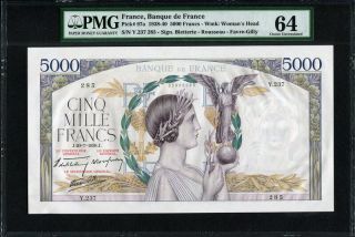 France 1938 - 1940,  5000 Francs,  P97a,  Pmg 64 Unc (2 Pinholes)