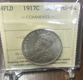 1917 Newfoundland 50 Cents ICCS Certified MS64 Cat.  Val.  $1000.  00 2