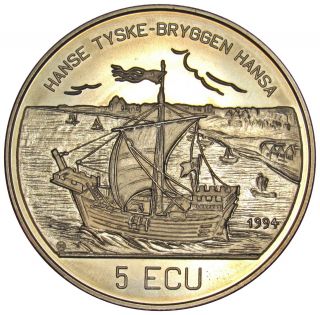 Norway 5 Ecu Coin 1994 X 14 Sailing Ship 925 Years Bergen Brygge Unc De03