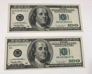 Two Sequential 1996 Unc $100 One Hundred Dollar Bills Federal Reserve Notes 3