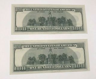 TWO SEQUENTIAL 1996 UNC $100 ONE HUNDRED DOLLAR BILLS FEDERAL RESERVE NOTES 3 2