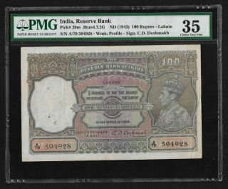 British India 1943,  100 Rupees,  Lahore,  Pmg Choice Very Fine 35,  Pick 20m.