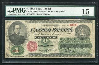 Fr.  16c 1862 $1 One Dollar Legal Tender United States Note Pmg Choice Fine - 15