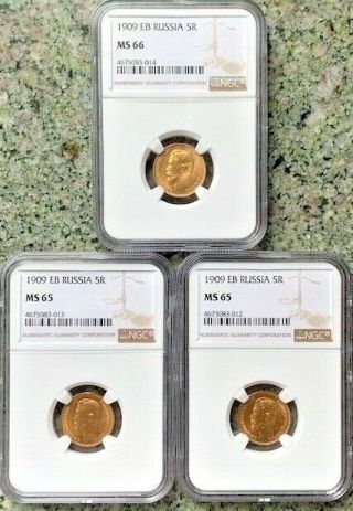 1909 5 Rouble Gold Eb Russia Ngc Ms66/ms65 3 Coins
