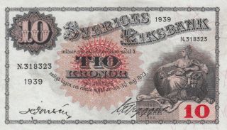Sweden 10 Kronor 1939 - Sveriges Riksbank.  Aunc