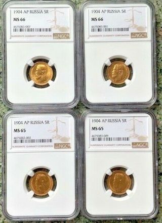 1904 5 Rouble Gold Ap Russia Ngc Ms66/ms65 4 Coins