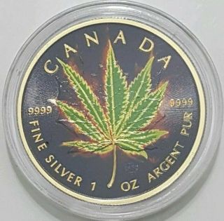 2017 1 Oz Silver $5 Burning Maple Marijuana Hybrid Ruthenium Coin W/ 24k Gold.