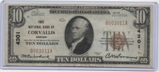 Rare 1929 First National Bank Of Corvallis Oregon $10 National Bank Note Ch 4301