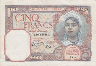 5 Francs Very Fine Banknote From French Algeria 1941 Pick - 77