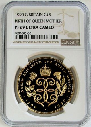 1990 Gold Great Britain Proof 5 Pound Ngc Pf 69 Ultra Cameo Queen Mother