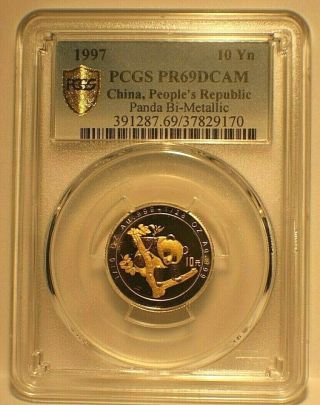 1997 China Bimetallic 10 Yuan Gold Silver Panda Pcgs Pr69dcam