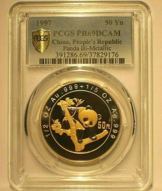 1997 China Bimetallic 50 Yuan Gold Silver Panda Pcgs Pr69dcam