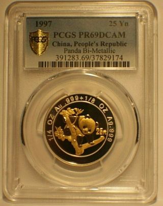 1997 China Bimetallic 25 Yuan 1/4 Oz.  Gold Silver Panda Pcgs Pr69dcam