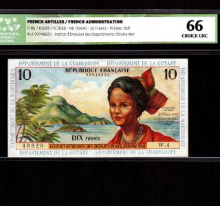 French Antilles 10 Francs 1964 P - 8b Icg Unc 66 French Administration