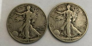 2 Walking Liberty 1942 & 1945 - D - 90 Silver Us Half Dollar