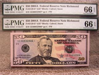 2x 2004a Star $50 Consecutive Numbered Ge Pmg 66 Epq