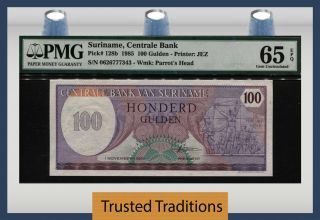 Tt Pk 128b 1985 Suriname Centrale Bank 100 Gulden Pmg 65 Epq Gem Uncirculated