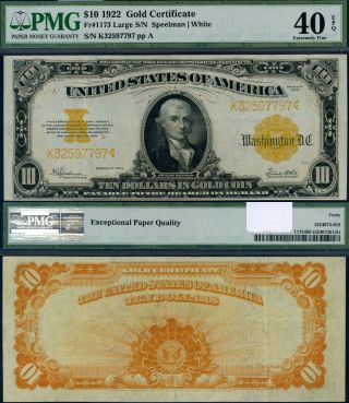 Fr.  1173 $10 1922 Gold Certificate Pmg Xf40 Epq Bright Bold Colors