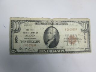 1929 The First National Bank Of Albion,  Pa $10 National Banknote