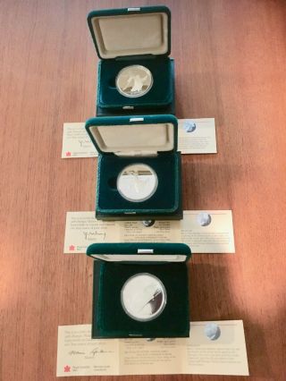 1988 Calgary Xv Winter Olympic Games $20 Proof Set Of 3 Silver Coins W/ Cert.