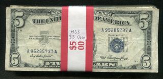 (100) 1953 $5 Five Dollars Blue Seal Silver Certificates Vg - Vf Problem