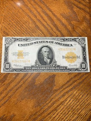 1922 Series $10 Ten Dollar Gold Certificate Large Currency Note Bill.  Bright