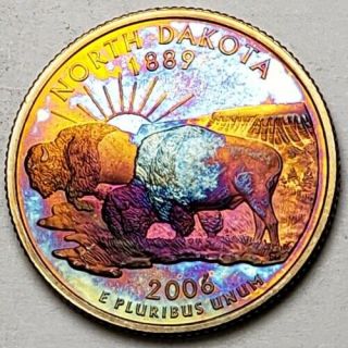 2006 - S North Dakota State Proof Silver Quarter Rainbow Color Toned Coin
