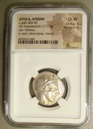 440 - 400 BC Attica,  Athens Ancient Greek Silver Tetradrachm NGC Ch XF 4/5 4/5 3