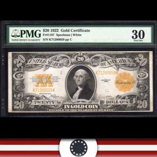 1922 $20 Gold Certificate Pmg 30 Fr 1187 K71280059