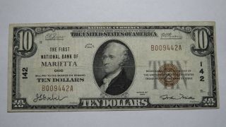 $10 1929 Marietta Ohio Oh National Currency Bank Note Bill Ch.  142 Very Fine