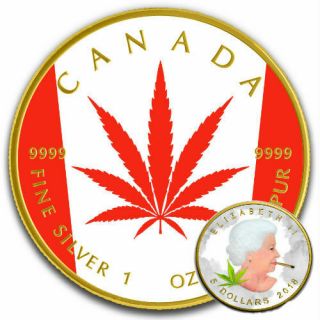 Cannabis Legalized Canada 2018 1 Oz Silver Maple Leaf Custom Coin Color 24k Gold