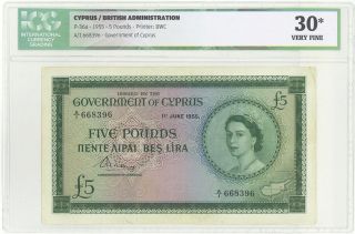 Cyprus 5 Pounds Pick 36a Dated 1955 Icg Graded 30 Very Fine - Rare