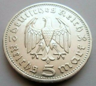 (561) Antique Wwii German 3rd Reich 1936 D 5 Reichsmark Silver Coin