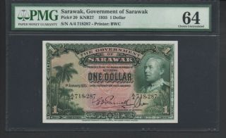 Sarawak 1 Dollar 1935 Prefix A/4,  Pmg 64 Choice Unc