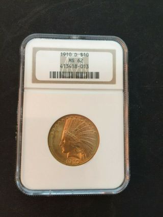 1910 D $10 Gold Eagle Indian Head Ngc Ms62