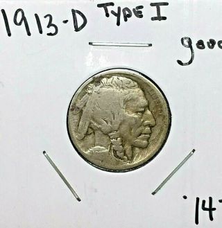 1913 - D Buffalo Indian Head Nickel Type 1 Good,