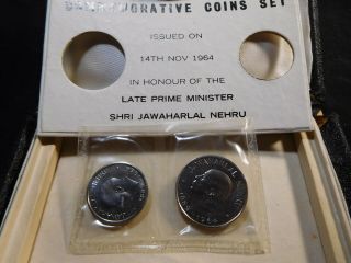 X65 India 1964 50 Paise & 1 Rupee Nehru Commemorative Proof Set W/ Orig.  Box