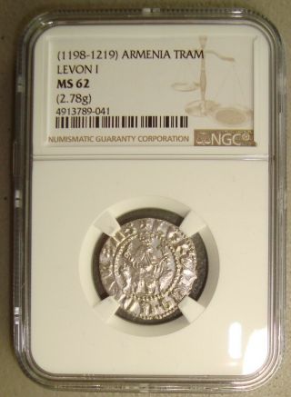 AD 1198 - 1219 Armenia,  Levon I Medieval Silver Tram NGC MS62 3