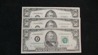 Three Consecutive 1981 A Fifty Dollar Fed Reserve Notes Minneapolis $50 Bills