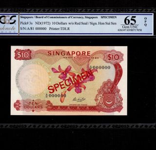 Singapore 10 Dollars 1972 P - 3s Pcgs Gem Unc 65 Opq Specimen