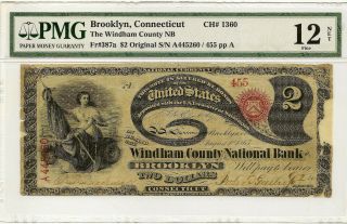1875 $2 Fr.  387a Windham Co.  Nb Ch.  1360 Brooklyn,  Ct Lazy Duece Pmg