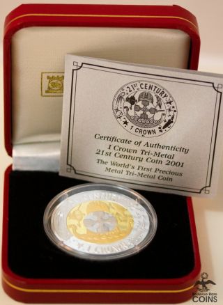 2001 Gibraltar 1 Crown Tri - Metal Coin:.  999 Gold, .  925 Silver,  Platinum W