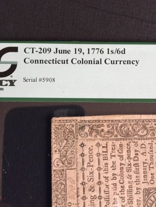 CT - 209 June 19,  1776 1s/6d CONNECTICUT COLONIAL CURRENCY AU50 PCGS 6