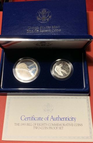 1993 Bill Of Rights Commemorative 2 Coin Set Proof /box &