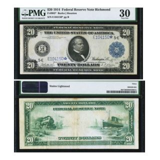 1914 $20 Star Federal Reserve Note Richmond 9 Known,  Top Pop From This Fr 282